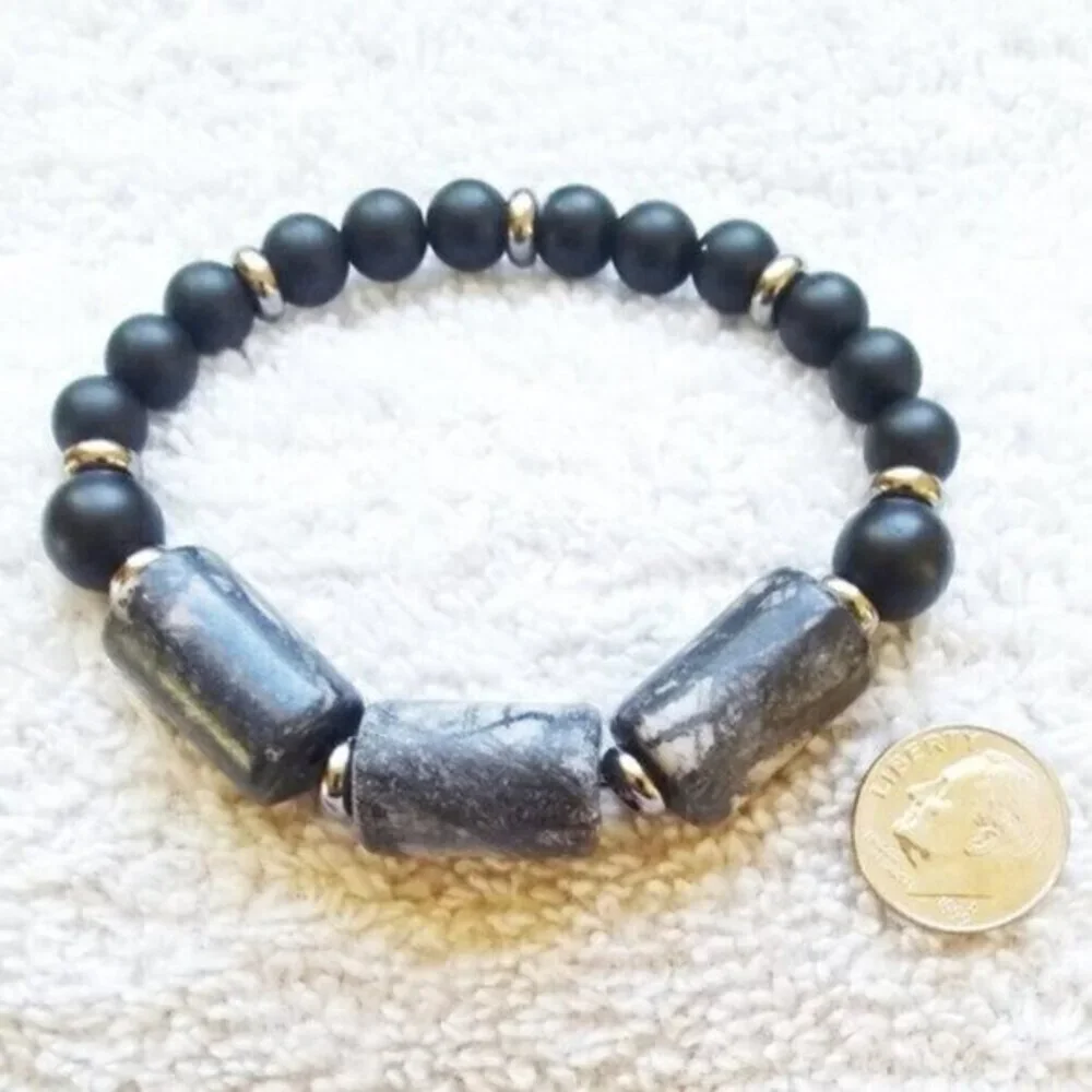 Chunky & Masculine! Black + Gray Jasper Stretch Bracelet - Grunge Goth Punk